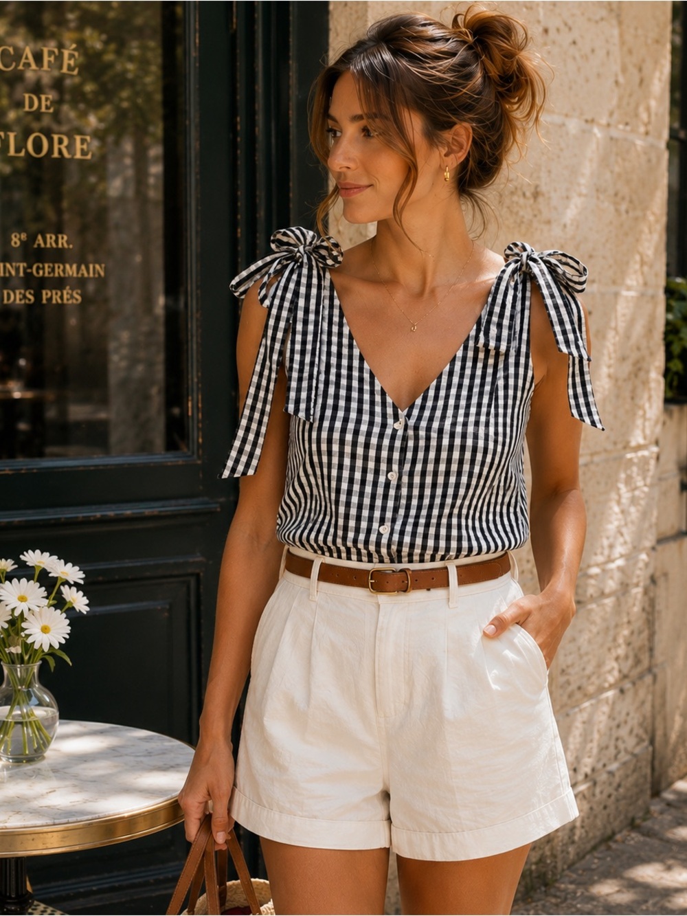 J.O.A. Gingham Tie Shoulder Top XS Black White Bow Square Neck